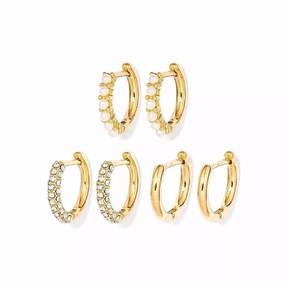 SUGAR FIX Crystal Gold and Pearl Hoop Earring 3pc Set (Nickel Free) NEW!!! - Picture 1 of 7